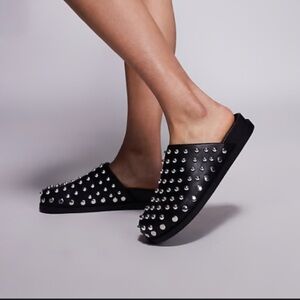 Studded diamond faux leather clog slip on black shoes designer classic summer